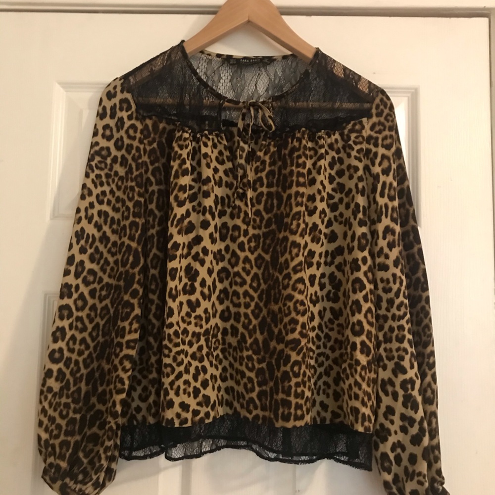 Zara Basic animal-print blouse with lace detail